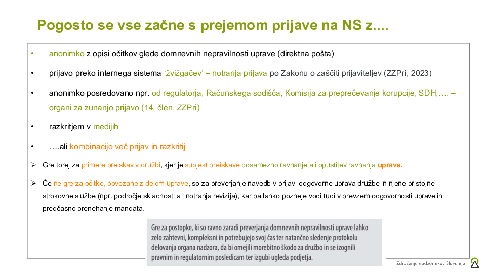 Kako ravnati, ko NS prejme prijavo glede škodljivih poslov, ki domnevno bremenijo upravo