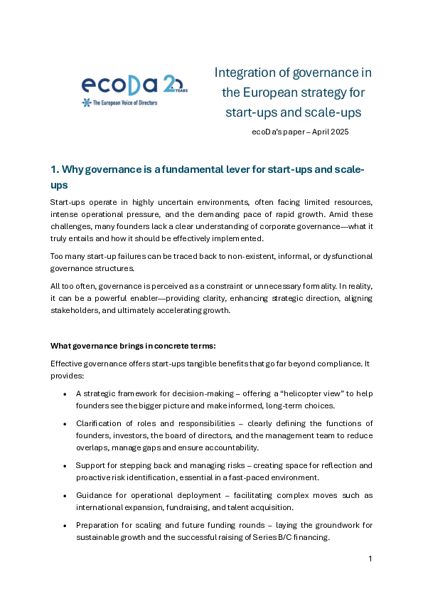 Integration of governance in the European strategy for start-ups and scale-ups