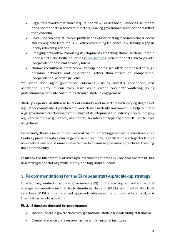 Integration of governance in the European strategy for start-ups and scale-ups