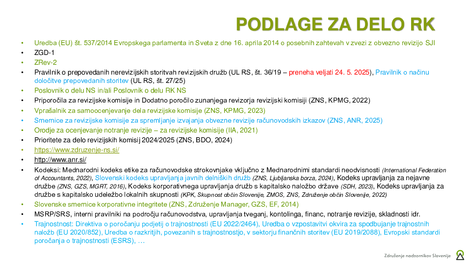 Naloge, pristojnosti in agenda za delo RK