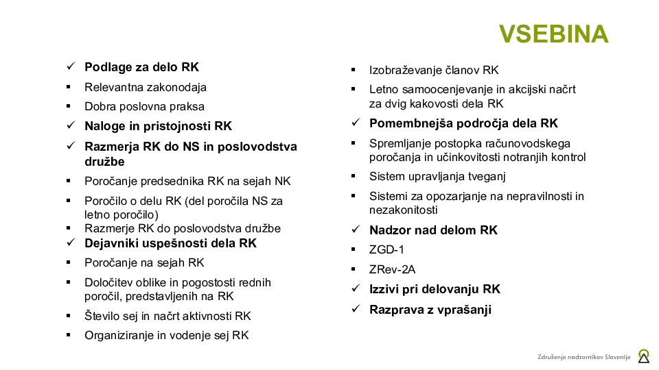 Naloge, pristojnosti in agenda za delo RK