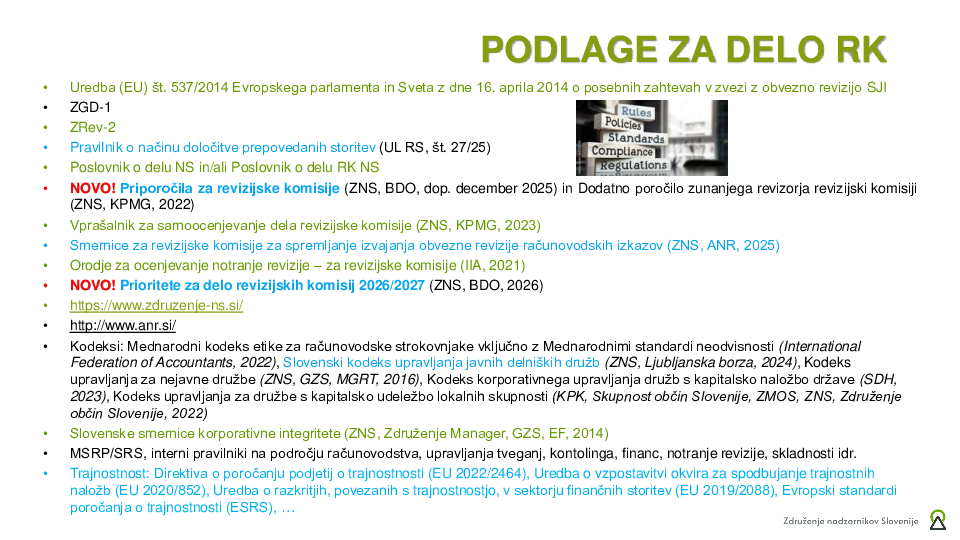 Naloge, pristojnosti in agenda za delo RK