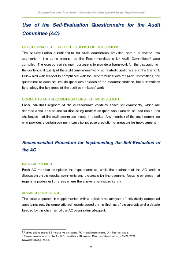 Self-evaluation Questionnaire for the Audit Committee