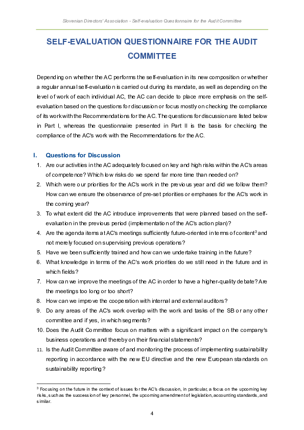 Self-evaluation Questionnaire for the Audit Committee