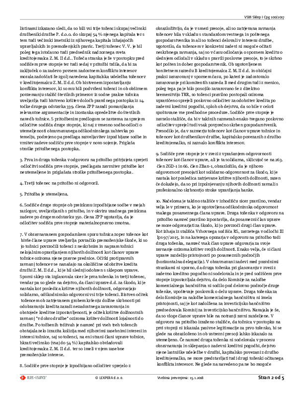VSM - Odškodninska odgovornost članov uprave bank skrbnost kreditodajalca in konflikt interesov 5.10.2017 - Cpg 100 2017