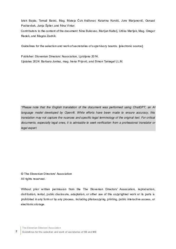Guidelines for the Selection and Work of the Secretaries of Supervisory Boards
