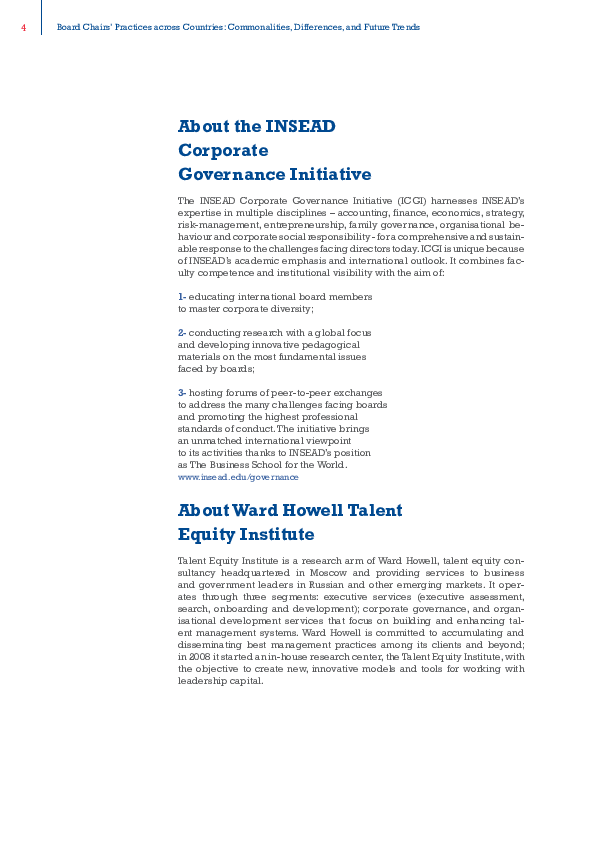 Board Chairs’ Practices across Countries: Commonalities, Differences and Future Trends, INSEAD