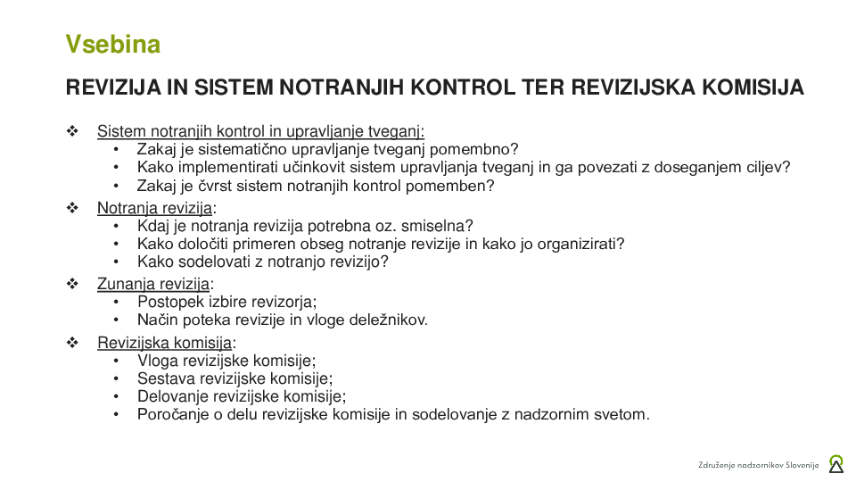 Revizija in sistem notranjih kontrol ter revizijska komisija