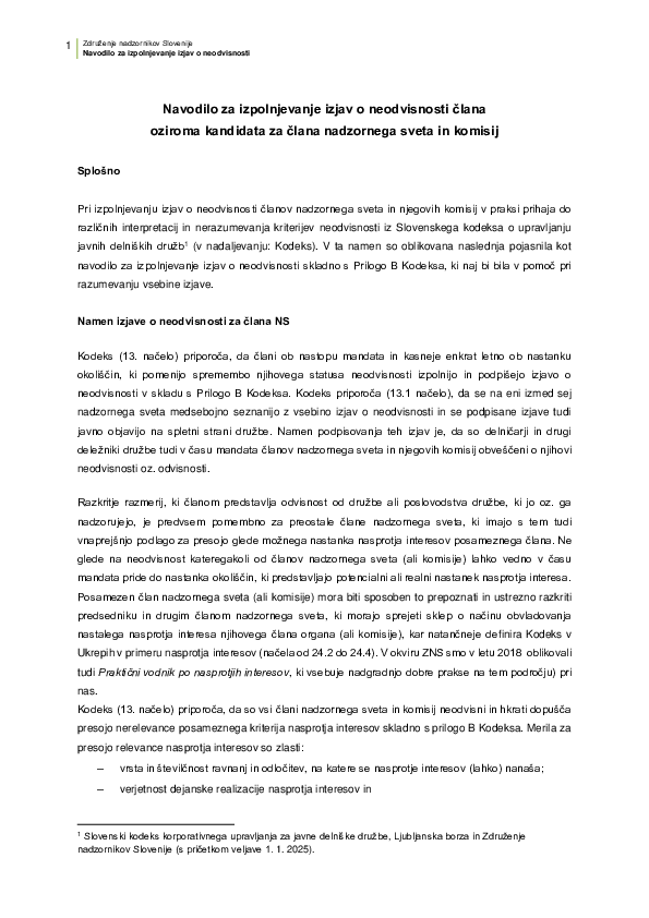 Izjava o neodvisnost člana NS - NAVODILO za izpolnjevanje