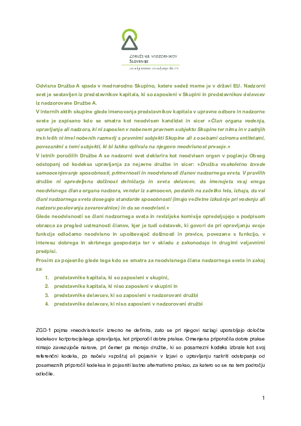 Odvisnost / neodvisnost članov nadzornega sveta in revizijske komisije