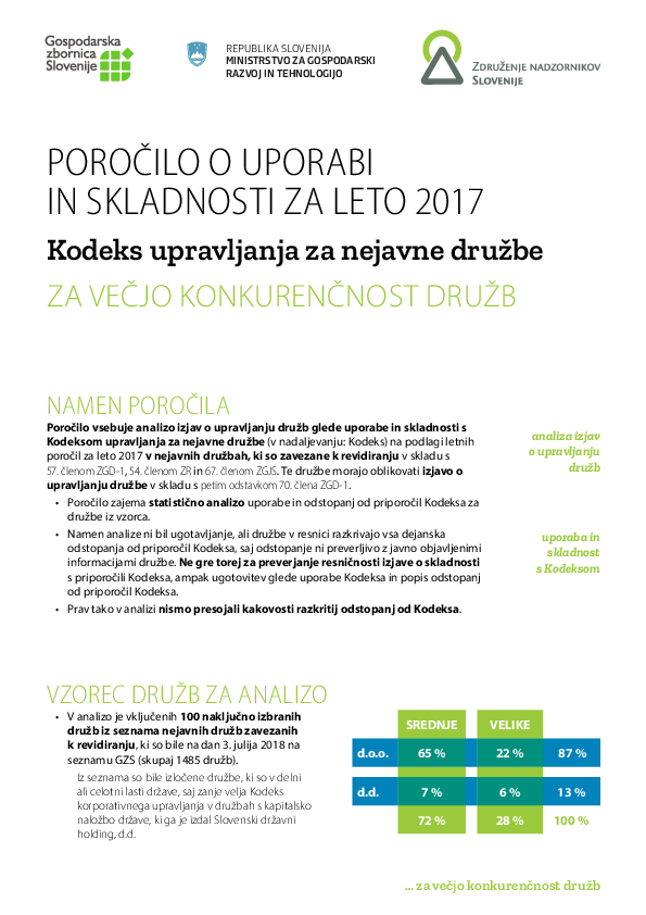 Poročilo o uporabi in skladnosti za leto 2017- Kodeks upravljanja za nejavne družbe