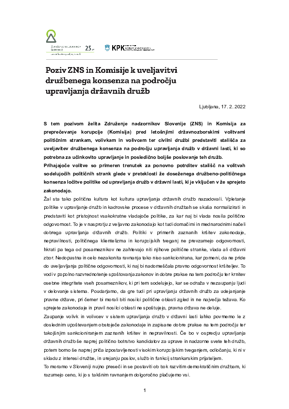 Poziv ZNS in Komisije k nujni ločitvi politike od upravljanja državnih družb