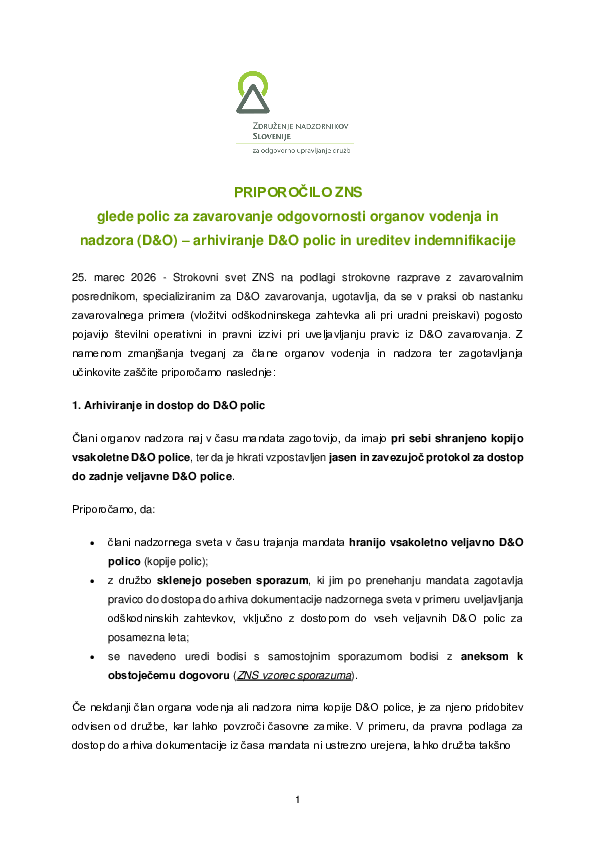 PRIPOROČILO ZNS glede polic za zavarovanje odgovornosti organov vodenja in nadzora (D&O) – arhiviranje D&O polic in ureditev indemnifikacije