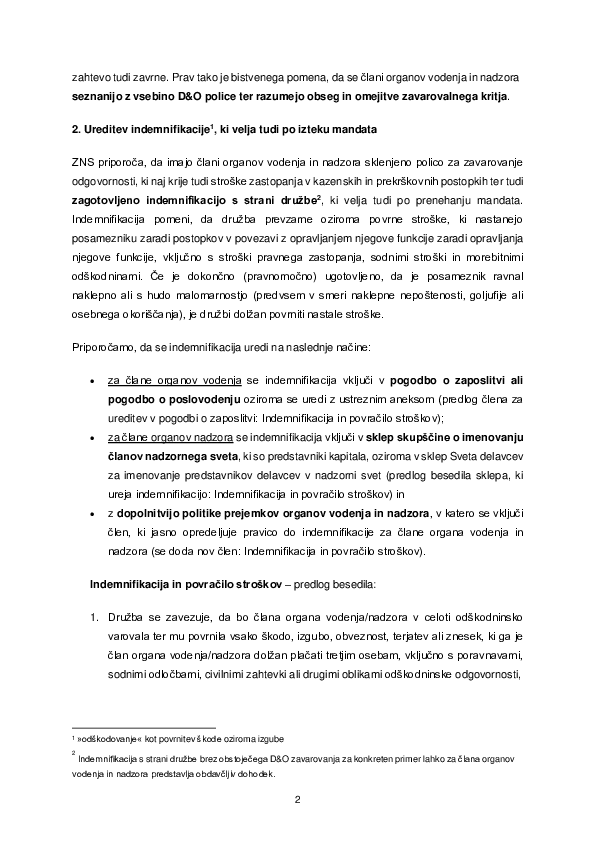PRIPOROČILO ZNS glede polic za zavarovanje odgovornosti organov vodenja in nadzora (D&O) – arhiviranje D&O polic in ureditev indemnifikacije