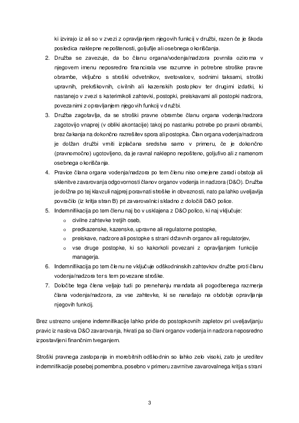 PRIPOROČILO ZNS glede polic za zavarovanje odgovornosti organov vodenja in nadzora (D&O) – arhiviranje D&O polic in ureditev indemnifikacije