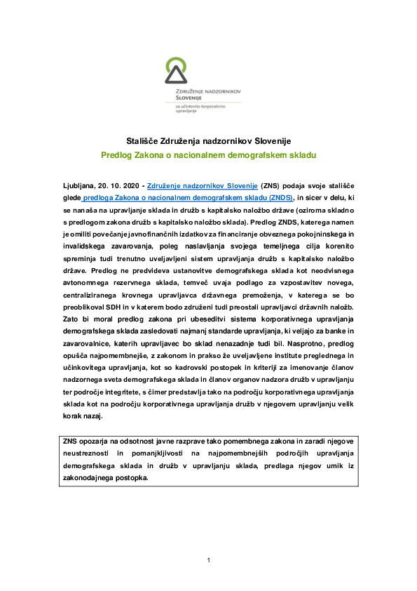 Stališče ZNS: Predlog Zakona o nacionalnem demografskem skladu